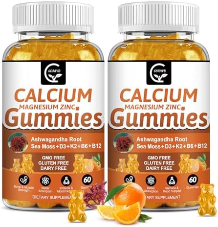 1200mg Calcium Gummies with Vitamin D3,K2,B12 & B6 - Plant Complex Calcium Magnesium Supplement with Glycinate,Potassium,Sea Moss,Ashwagandha Root for Bone & Teeth Strength, Muscle & Immune-2 Pack Gornvb