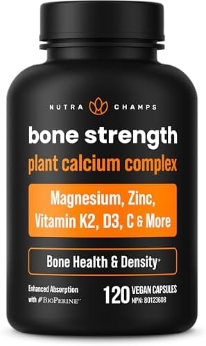 NutraChamps Bone Strength Supplements, Plant Based Calcium Supplement 600mg, Vitamin D3 2000 IU, K2, Magnesium, Potassium, Zinc, Boron & Strontium, 120 Vegan Capsules NutraChamps