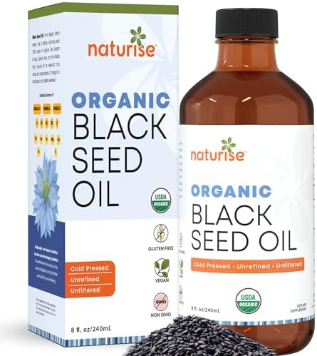 Organic Black Seed Oil - Organic Cold Pressed Black Cumin Seed Oil - Vegan Non-GMO Gluten Free Black Seed Oil Liquid (Nigella Sativa) Blackseed Oil for Hair & Skin, General Wellness (4 Fl Oz.) Naturise