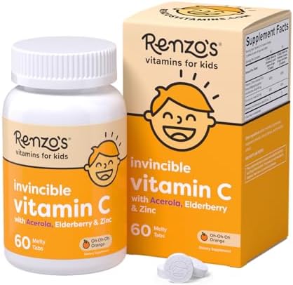 Renzo's Invincible Vitamin C for Kids with Elderberry & Zinc - Dissolvable Kids Vitamins for Immune Support - 60 Orange-Flavored Melty Tabs Renzo's