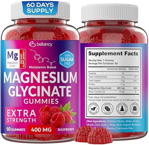 Magnesium Glycinate Gummies 400mg, Magnesium Gummies for Women and Men, Body Support and Relaxation, Raspberry Magnesium Gummies for Adults with Blackcurrant Oil, Non GMO, Gluten Free, 60 Days Supply Beilancy