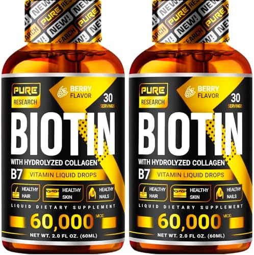 PURE RESEARCH Liquid Biotin & Collagen Hair Growth Drops 60,000mcg - Biotin and Liquid Collagen Supplement for Men & Women - Glowing Skin Support, Healthy Hair & Nail Growth - 2oz Pure Research