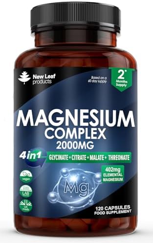 Magnesium Glycinate 4-in-1 Complex 2000mg - 449mg Elemental Magnesium High Strength Magnesium Supplements - Magnesium Bisglycinate,Citrate, Malate, Oxide - 120 Capsules - Vegan UK Made by New Leaf New Leaf Products