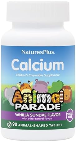 NaturesPlus Animal Parade Sugar-Free Children's Calcium, Vanilla Sundae Flavor - 90 Chewable Animal Shaped Tablets - Magnesium for Bone Health - Gluten Free - 45 Servings Natures Plus