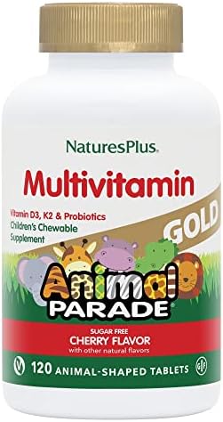 Natures Plus Animal Parade Gold Children's Chewable Multivitamin - Natural Cherry Flavor - 60 Animal Shaped-Tablets - with Vitamin D3, K2 & Probiotics - Vegetarian & Gluten Free - 120 Servings Natures Plus