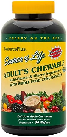 Natures Plus Source of Life Adult Chewable Multivitamin - 90 Vegetarian Wafers - Apple Cinnamon Flavor - Natural Whole Foods Supplement - Overall Health, Energy - Gluten-Free - 45 Servings Natures Plus