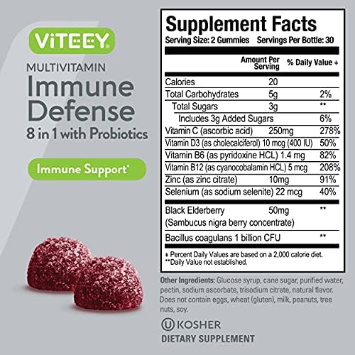 Multivitamin Gummies 8 in 1 Immune Support Supplement with Probiotics - Immune Boosters for Adults & Teens - Vegetarian, Gelatin Free, GMO Free - Chewable Berry Flavored Pectin Immune Defense Gummy Viteey