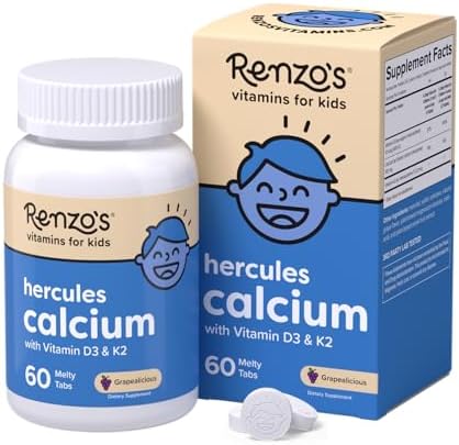 Renzo's Hercules Calcium Supplement with Vitamin D3 and K2, Dissolvable, for Ages 2+, Kids Vitamins, 60 Grape-Flavored Melty Tabs Renzo's