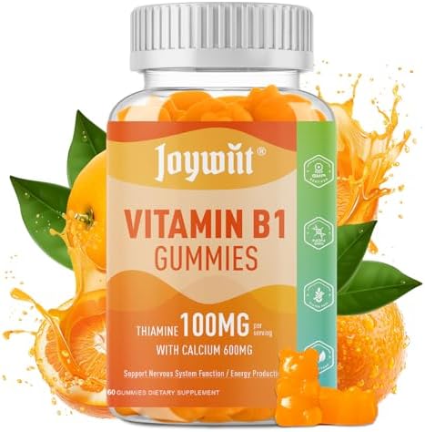 Vitamin B1 Gummies 100mg for Adults & Kids, Thiamine B1 Supplement with 600mg Calcium, Nervous System Supports & Boost Energy, Orange Flavor, Non GMO, Vegan, 60 Chewable Gummies Joywiit