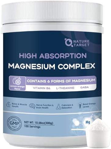 NATURE TARGET Magnesium Powder Supplement with Glycinate, Citrate, Malate, Magnesium Complex with L-Theanine & Vitamin B6 for Muscle, Heart & Brain, Vegan, 10.58 oz (100 Servings), Lemon Orange Flavor Nature Target