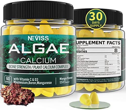 Algae Calcium Gummies 600mg with Vitamin D3, C, Magnesium, Boron, Manganese, Plant-Based Calcium Supplement for Bone Health & Strength, Minerals Complex, Gentle Digestion, Sugar Free, Vegan, 60 Counts Neviss