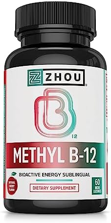 Zhou Nutrition Methyl (Vitamin B12) Lozenges, 5000 mcg for Maximum Absorption and Active Energy, Vegan, Cherry, 60 Count Zhou