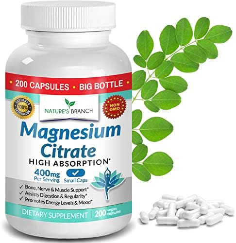 Magnesium Citrate 400mg - 200 Capsules - High Potency for Sleep, Leg Cramps, Extra Strength Absorption, Easy to Swallow Pills for Women & Men, Vegan Supplement Not Tablets - Made in USA Nature's Branch