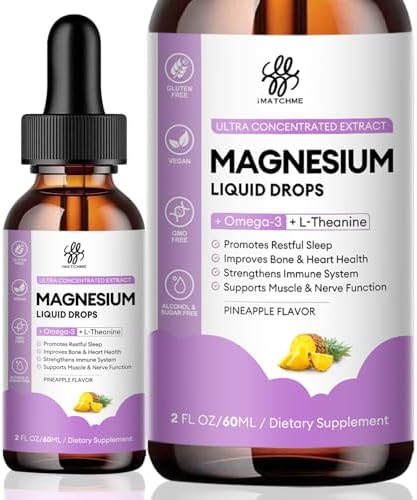 Magnesium Glycinate Liquid, Magnesium Complex Supplement with Omega3, L-Theanine and Vitamin for Calm, Sleep Support, Muscle Relief, Non GMO, Blueberry Flavor, 2 Fl Oz iMATCHME