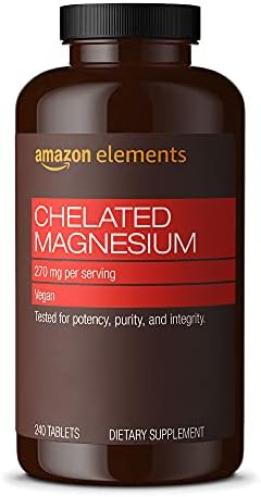 Amazon Elements Chelated Magnesium Glycinate, 270 mg per Serving (2 Tablets), Vegan, 240 Tablets (Packaging may vary) Amazon Elements