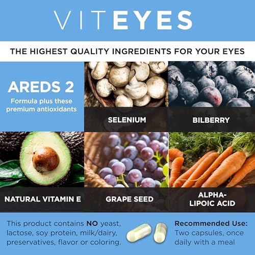 Viteyes AREDS 2 Advanced Macular Support with Bilberry, grapeseed, FLORAGLO Lutein, Selenium, Natural Vitamin E, Allergen Free, Eye Vitamins for Vision Protection, 60 Count Viteyes