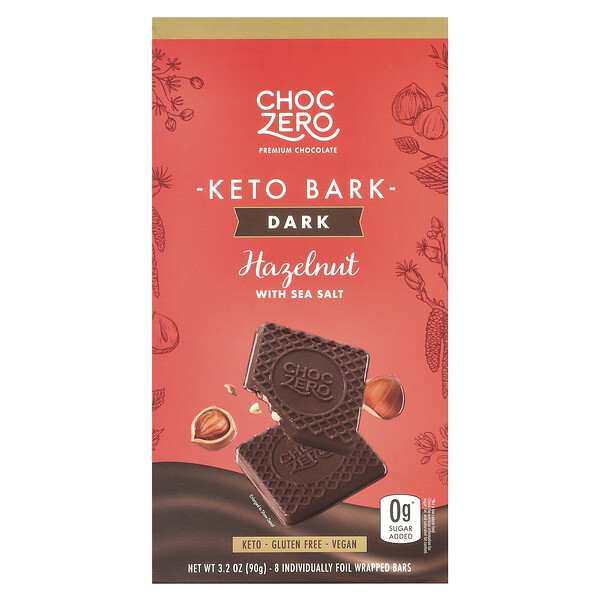 Keto Bark, Dark Chocolate, Hazelnut With Sea Salt, 8 Bars, 3.2 oz (90 g) ChocZero