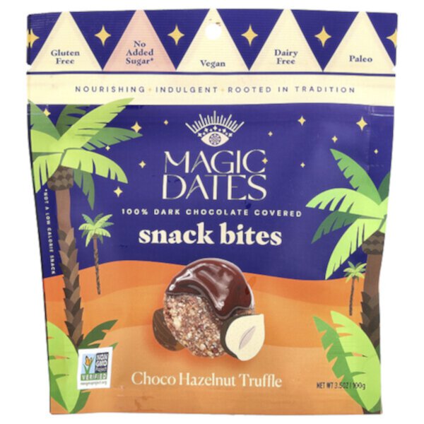 Snack Bites, 100% Dark Chocolate Covered, Choco Hazelnut Truffle, 3.5 oz (100 g) MAGICDATES