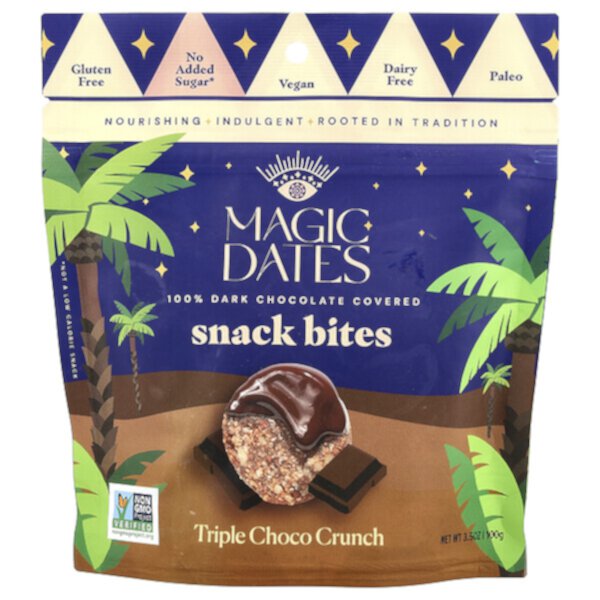 Snack Bites, 100% Dark Chocolate Covered, Triple Choco Crunch, 3.5 oz (100 g) MAGICDATES