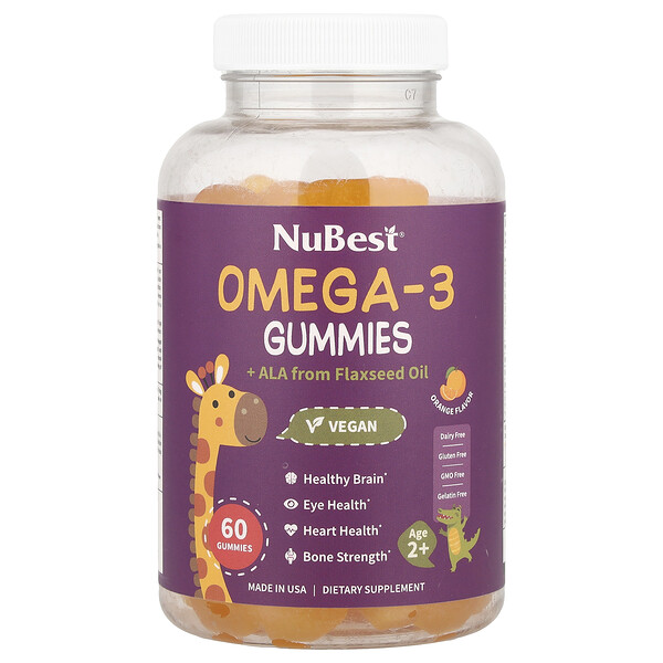 Omega-3 Gummies + ALA from Flaxseed Oil, Age 2+, Orange, 60 Gummies NuBest