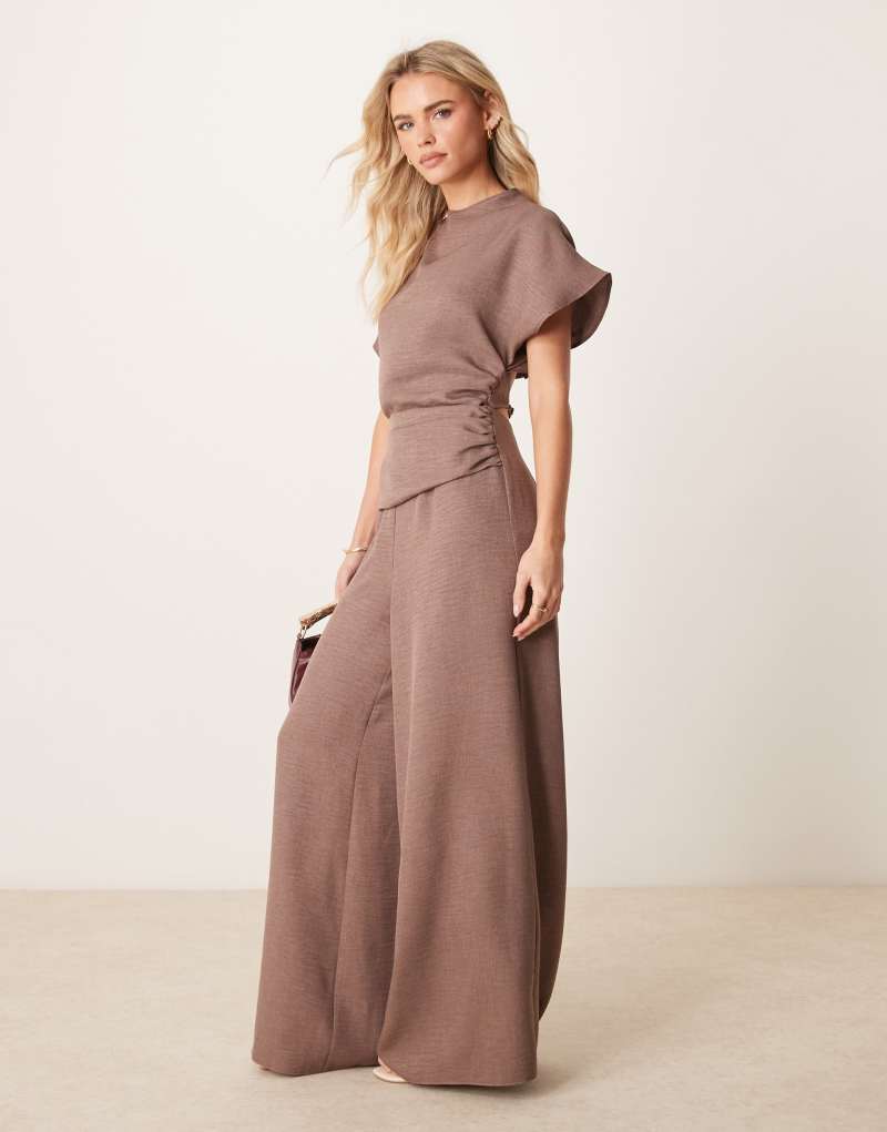 ASOS DESIGN Petite linen look open back and ruched detail jumpsuit in mocha ASOS Petite