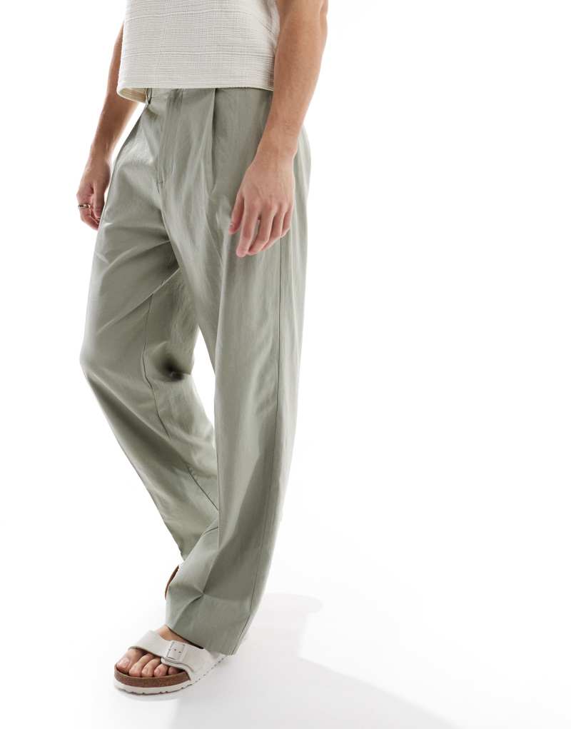 ASOS DESIGN smart wide leg linen blend pants with front pleat in sage green Asos Design