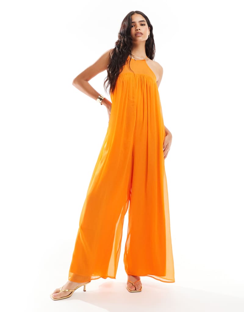 ASOS DESIGN chiffon high neck trapeze jumpsuit in orange Asos Design