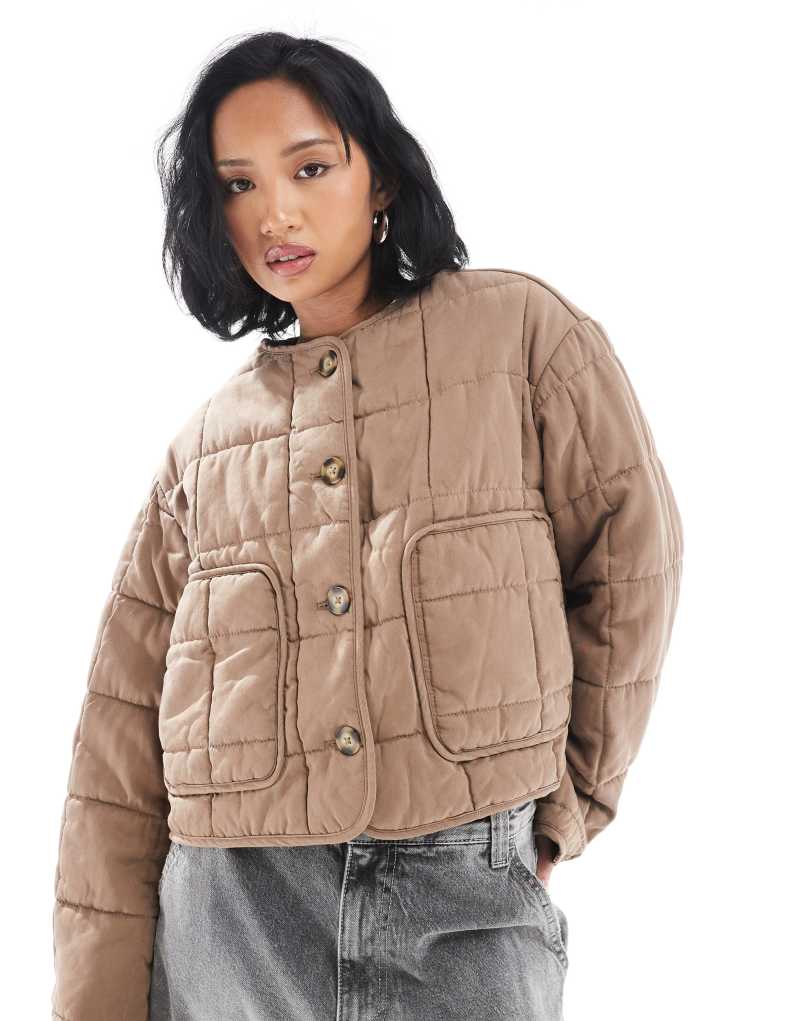 ASOS DESIGN Petite cropped collarless quilted jacket in mushroom ASOS Petite