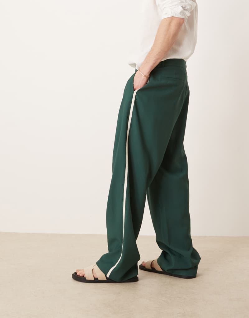 ASOS DESIGN wide leg smart pants with side tape in green Asos Design