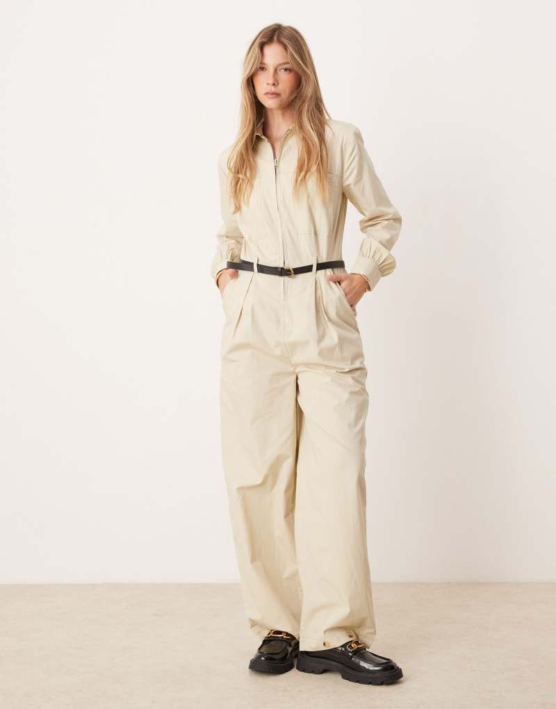 ASOS DESIGN belted boilersuit with button pocket detail in stone Asos Design