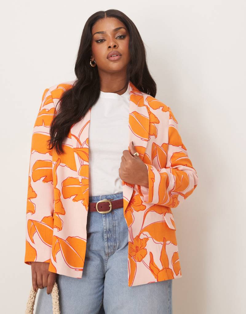 ASOS DESIGN Curve relaxed blazer with linen in palm print ASOS Curve