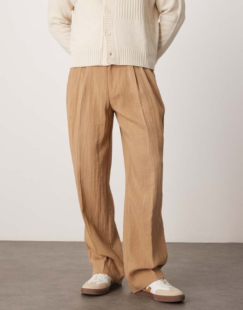 ASOS DESIGN smart wide leg linen look pants with double pleats in light brown Asos Design