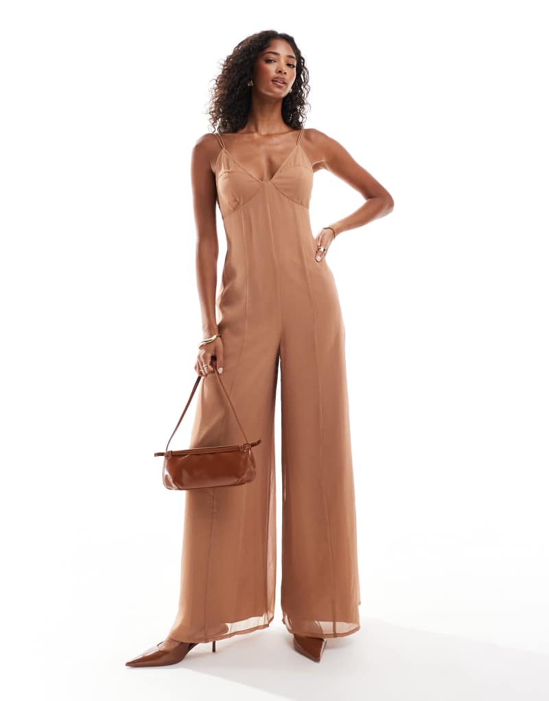 ASOS DESIGN v neck sheer panel chiffon jumpsuit in mocha Asos Design