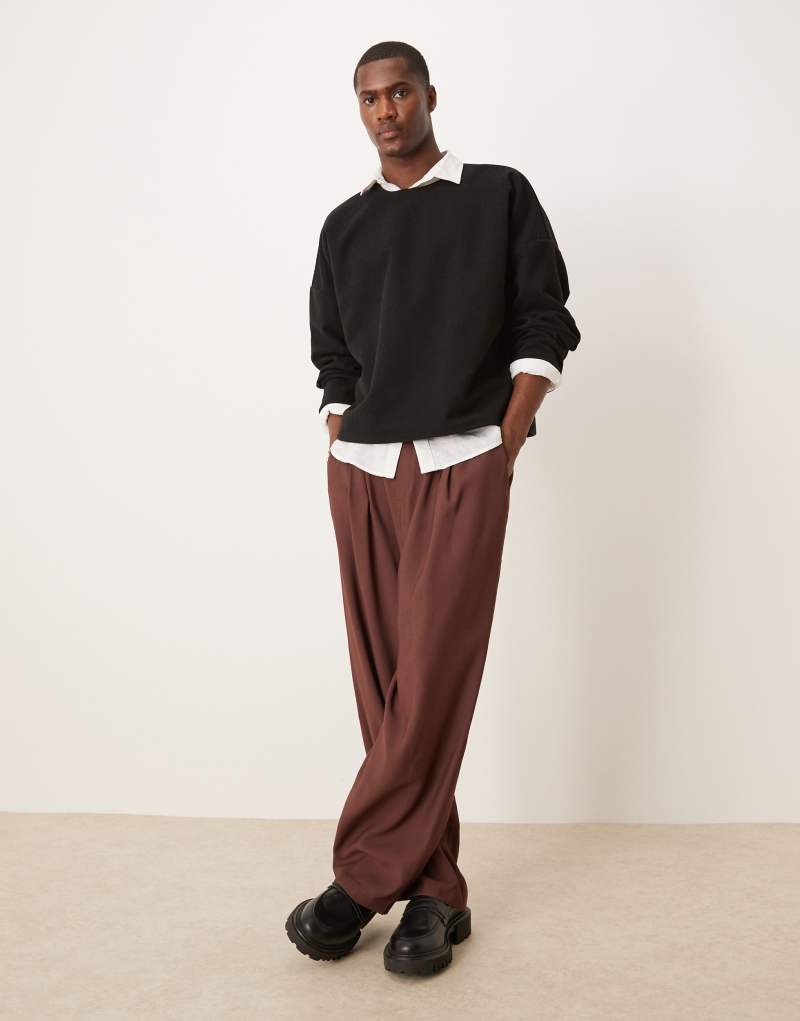 ASOS DESIGN wide leg dress pants with elastic back and double pleat in brown Asos Design