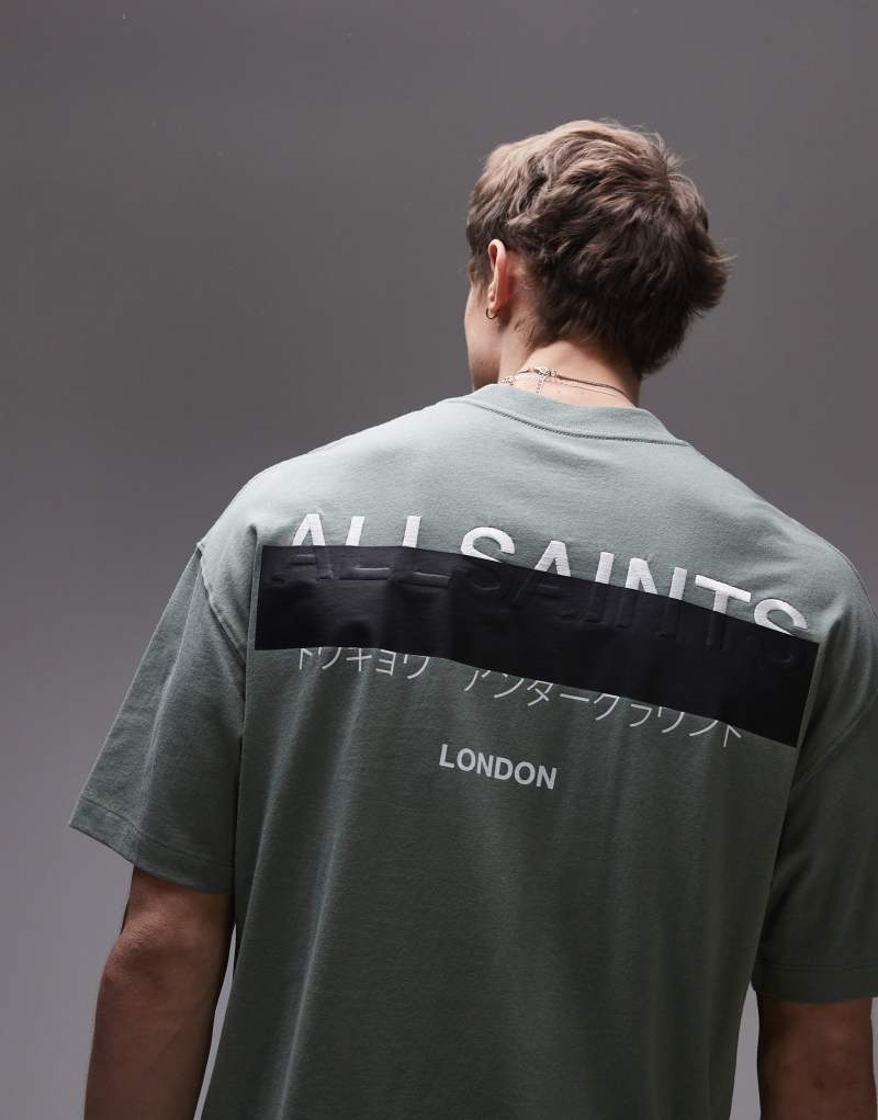 AllSaints Redact oversized embroidered logo T-shirt in milo green AllSaints