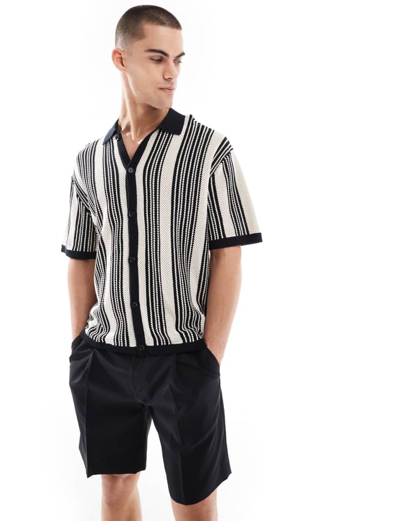 Bershka knitted button through stripe shirt in black Bershka