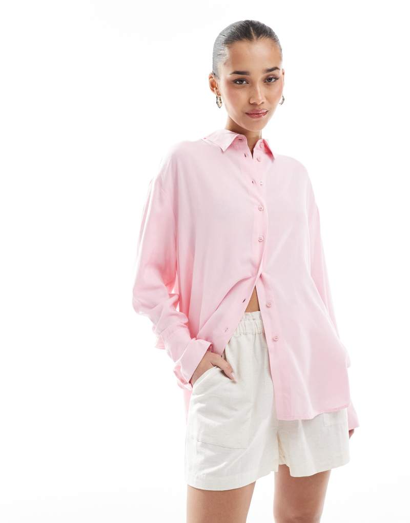 Bershka oversized linen mix shirt in pink Bershka