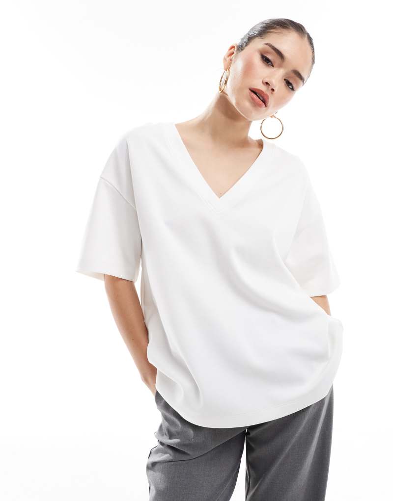 Bershka oversized v-neck t-shirt in white  Bershka