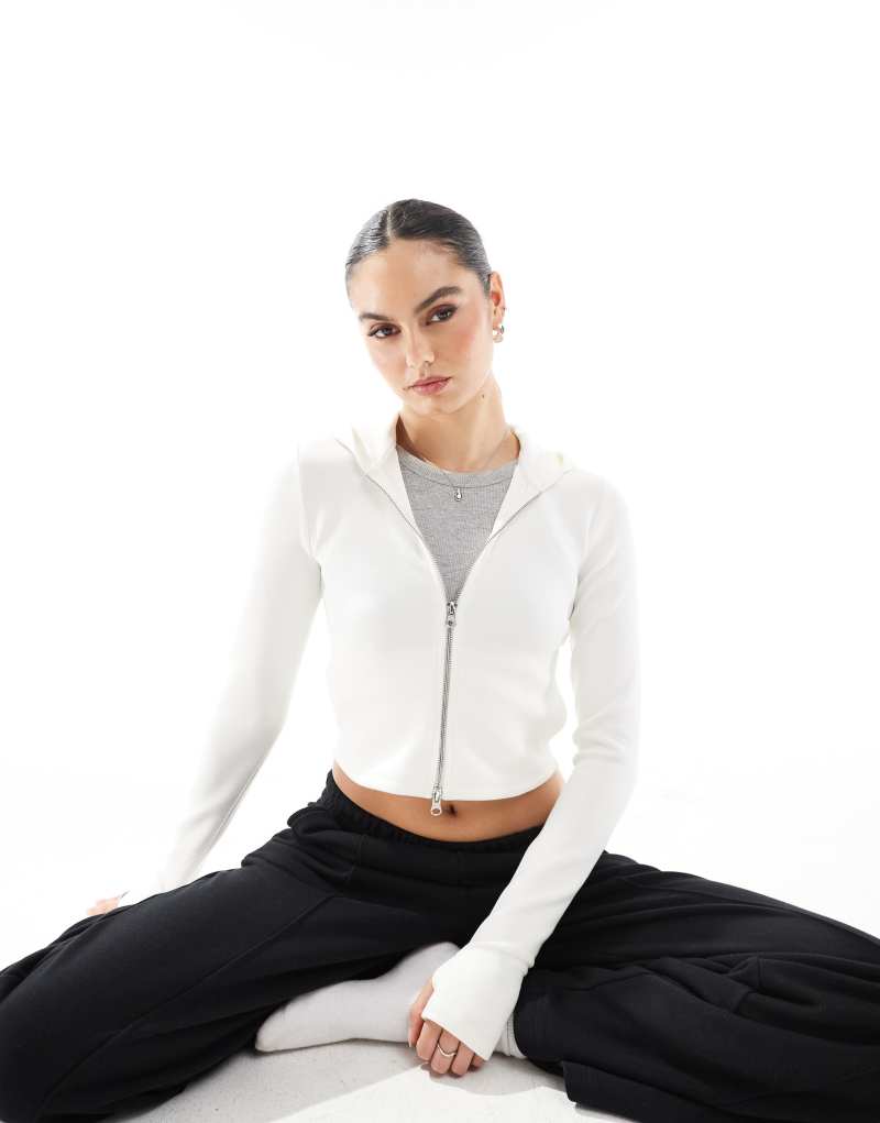 Bershka soft touch zip-up hoodie in white Bershka