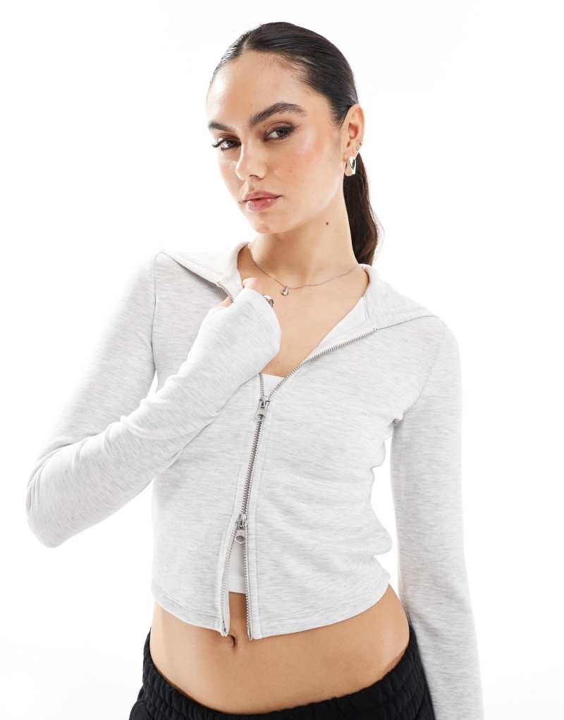 Bershka soft touch zip-up hoodie in light gray Bershka