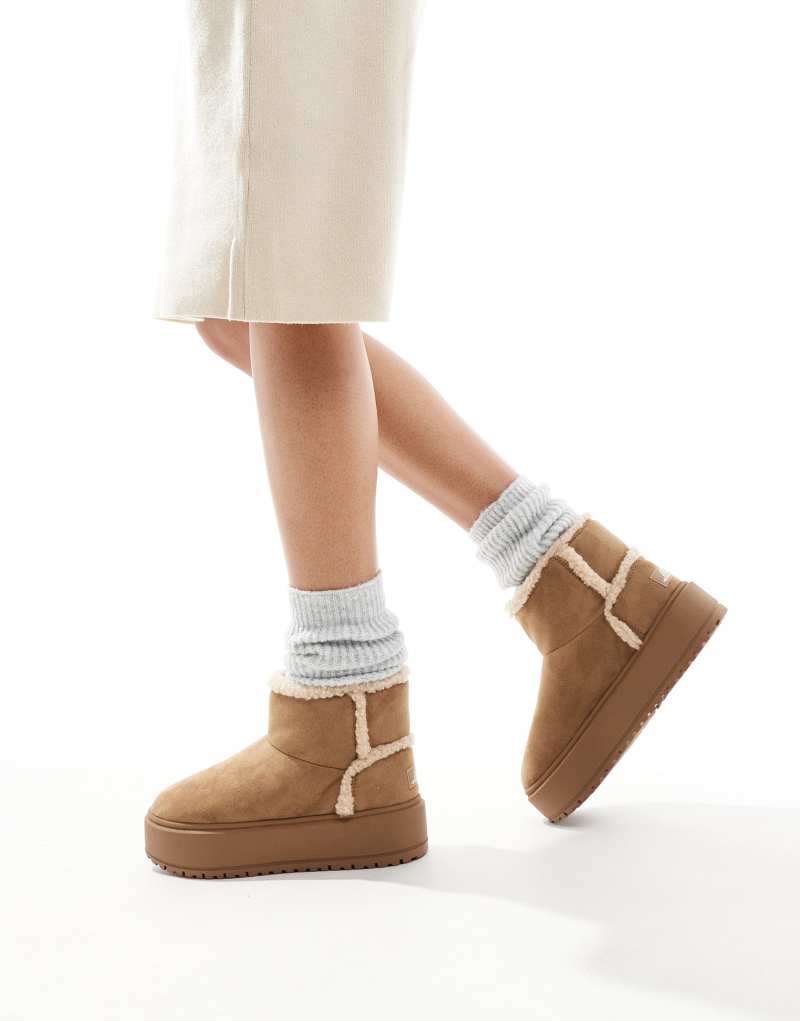 Bershka shearling trim cozy boots in beige Bershka