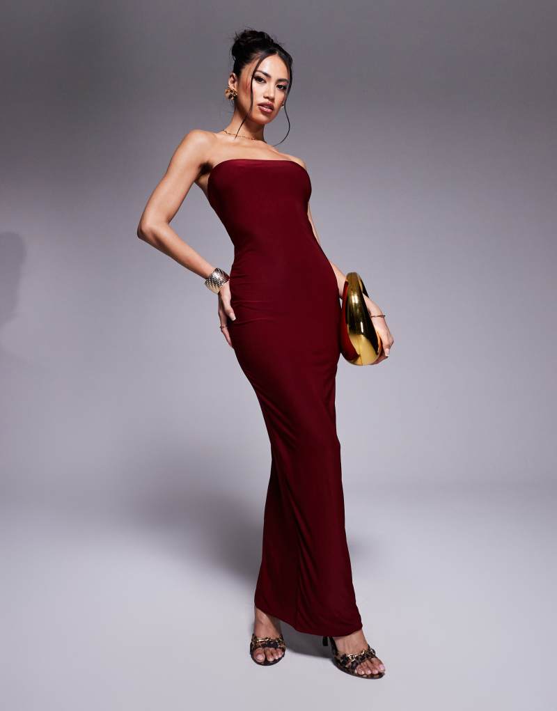 Fashionkilla exclusive slinky double sculpted bandeau maxi dress in burgundy Fashionkilla