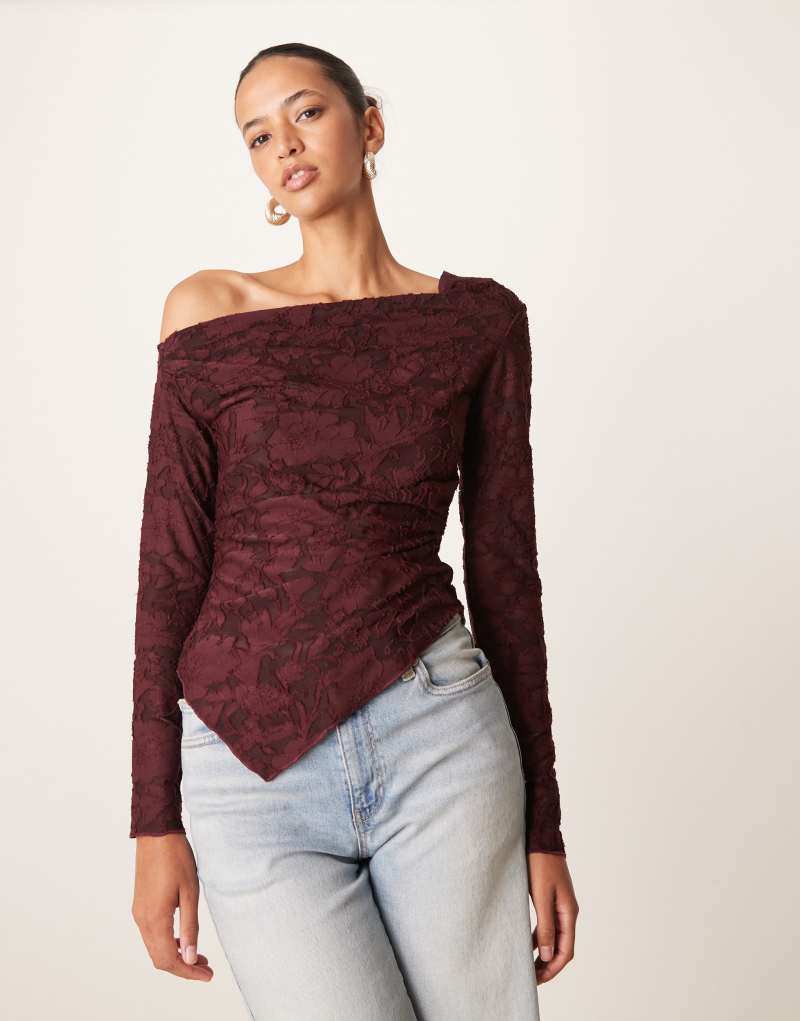 Gina Tricot jersey jacquard off shoulder top with asymmetric hem in burgundy Gina Tricot