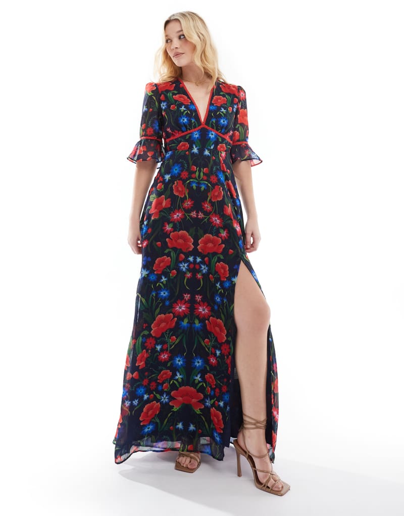 Hope & Ivy frill sleeve thigh split open back maxi dress in red navy print Hope & Ivy