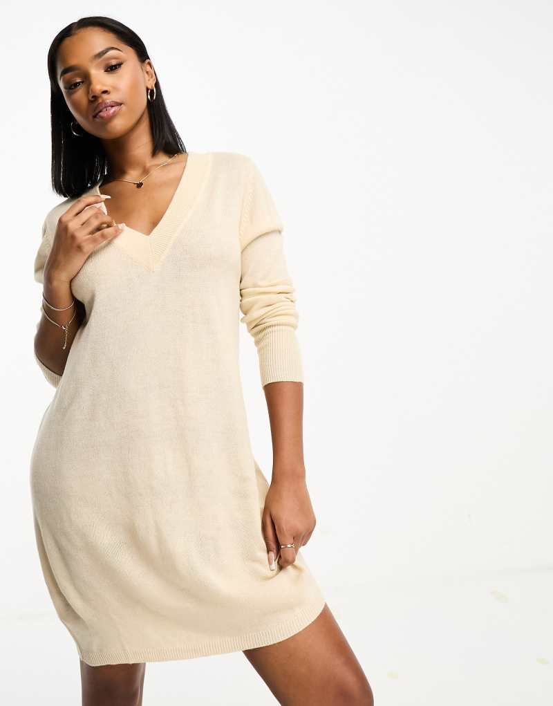 Jdy v neck lightweight mini sweater dress in cream Jdy