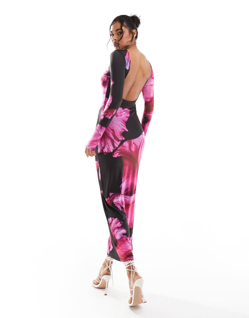 Kaiia exclusive slinky long sleeve low back bodycon maxi dress in pink flower print Kaiia