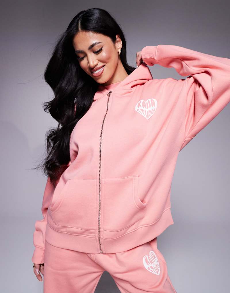 Kaiia contrast heart logo oversized zip through hoodie in peach - part of a set Kaiia