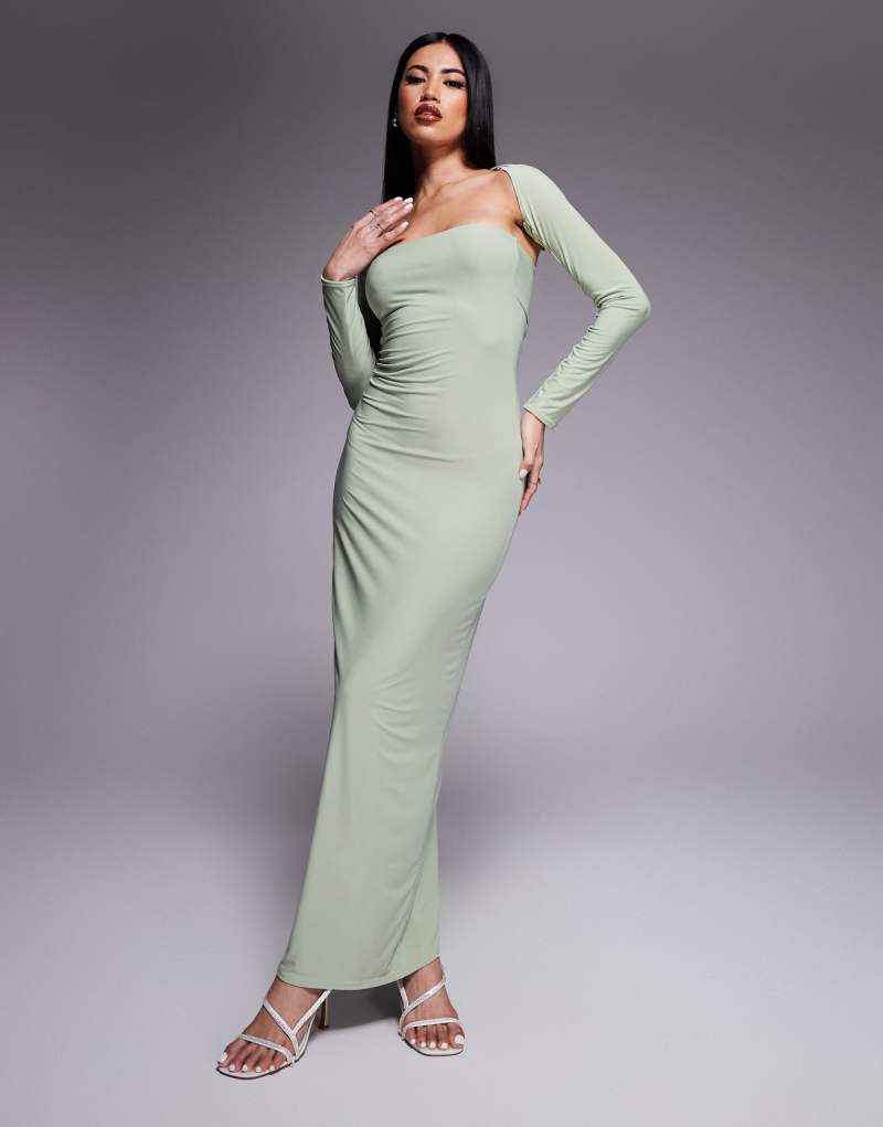 Kaiia slinky bandeau maxi dress with long sleeve shrug in sage Kaiia