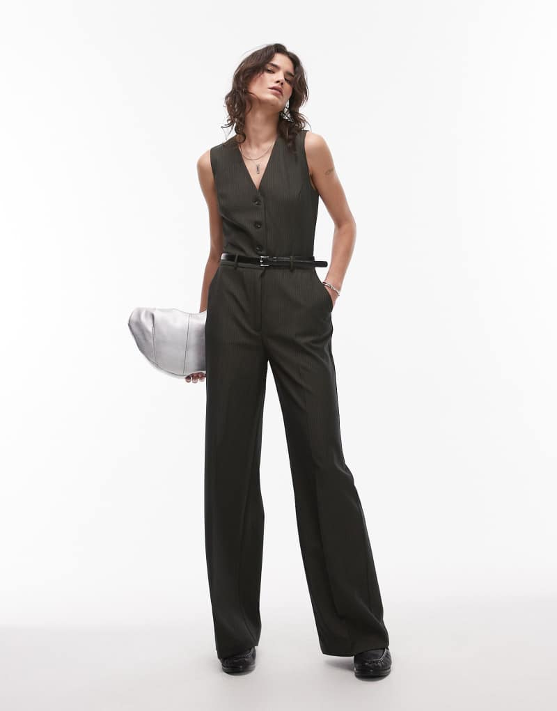 Mango belted pinstripe vest jumpsuit in dark green Mango