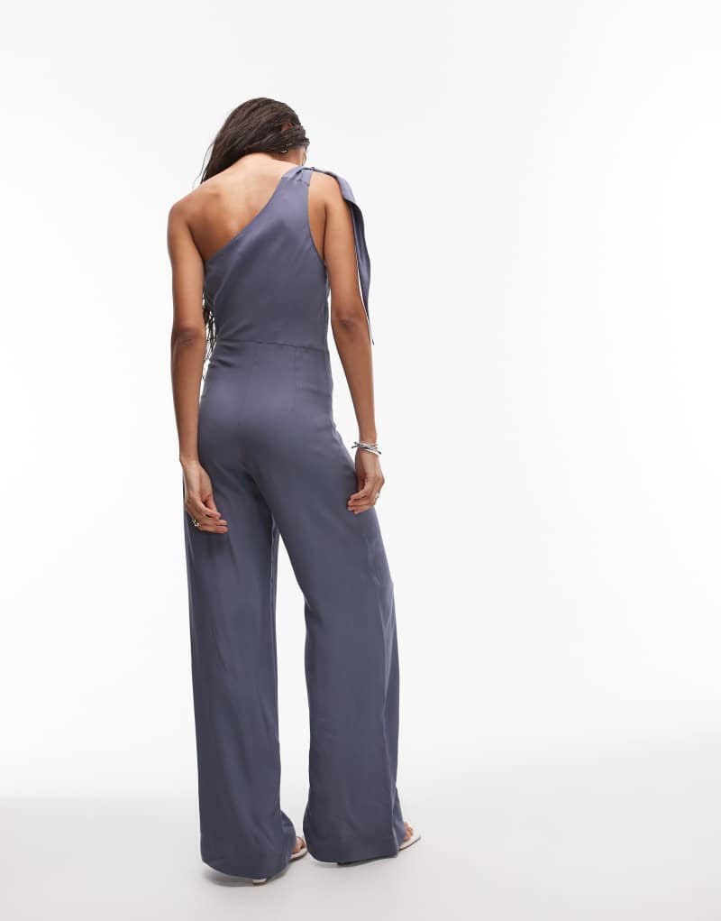 Mango draped one shoulder jumpsuit in gray Mango